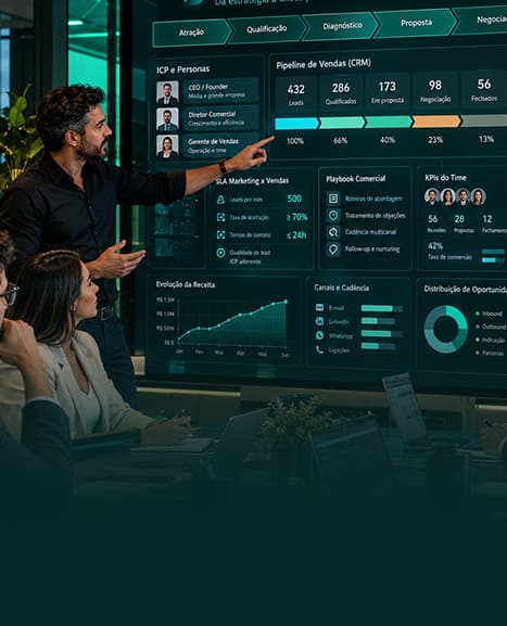 Consultor apresenta um painel com pipeline de vendas, SLAs e KPIs para a equipe.