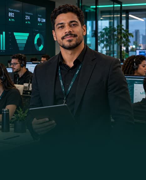 Gerente comercial com tablet diante do time de vendas e de telas com indicadores.
